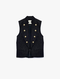 Metal Düğmeli Cepli Şal Yaka Kolsuz Blazer Yelek