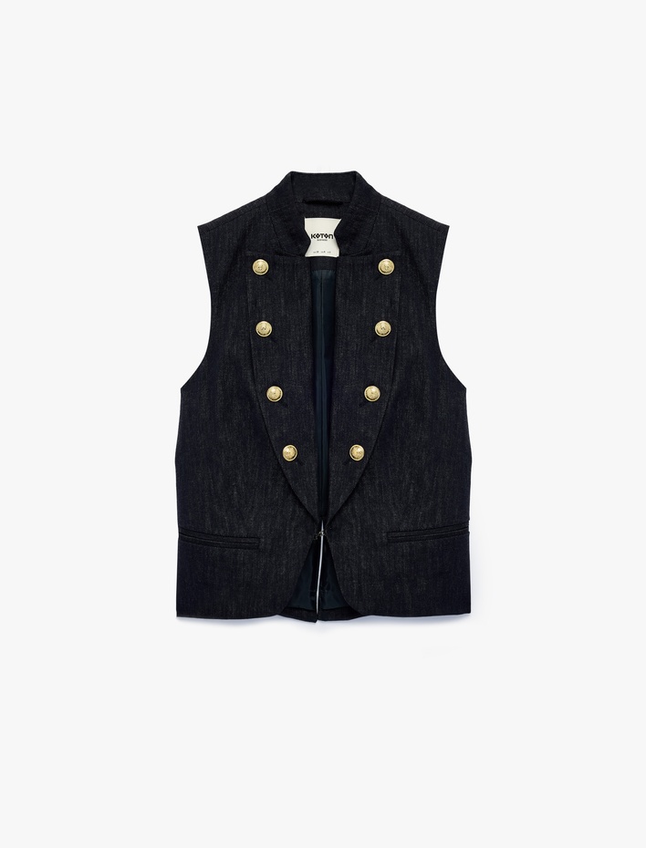 Metal Düğmeli Cepli Şal Yaka Kolsuz Blazer Yelek