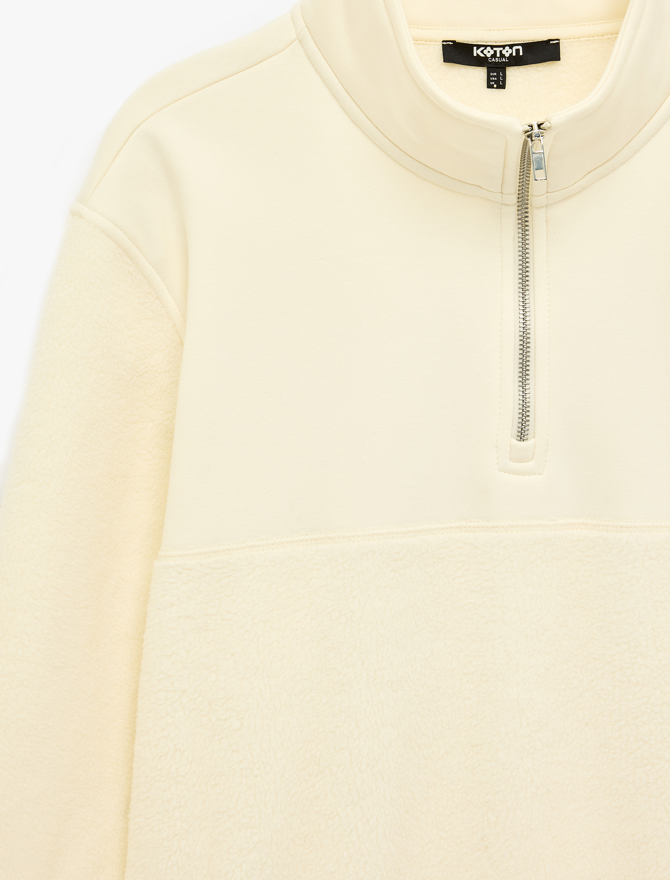   Uzun Kollu Kumaş Detaylı Yarım Fermuarlı Polar Sweatshirt
