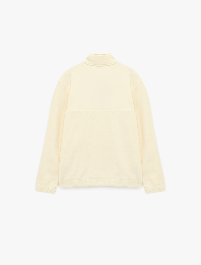  Uzun Kollu Kumaş Detaylı Yarım Fermuarlı Polar Sweatshirt