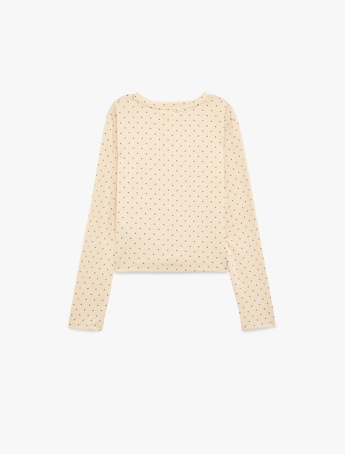  Rahat Kalıp Uzun Kollu Bisiklet Yaka Puantiyeli Crop Pijama Üstü