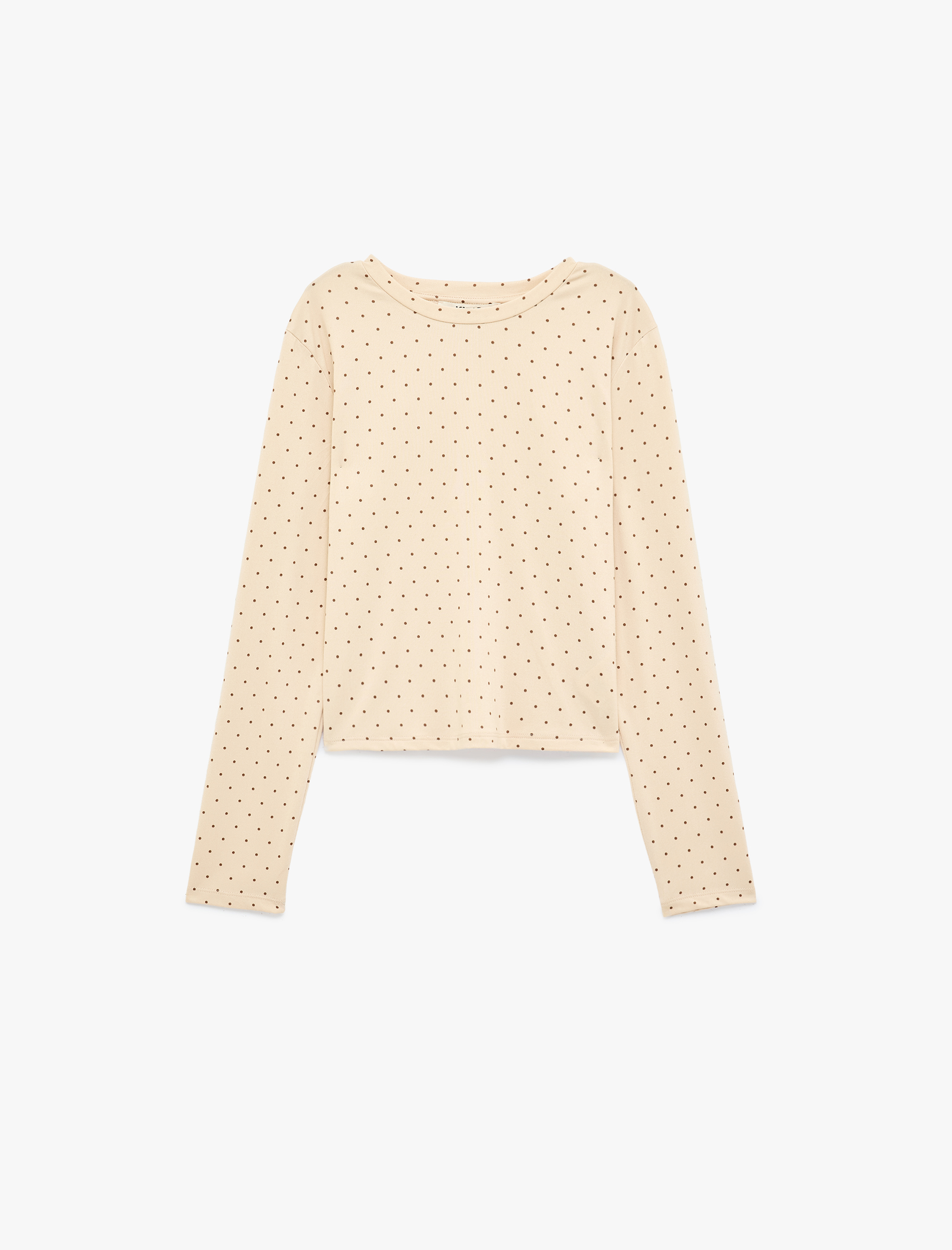   Rahat Kalıp Uzun Kollu Bisiklet Yaka Puantiyeli Crop Pijama Üstü