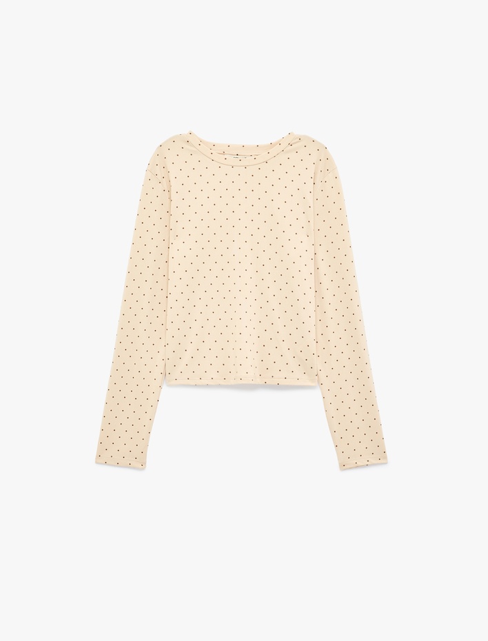  Rahat Kalıp Uzun Kollu Bisiklet Yaka Puantiyeli Crop Pijama Üstü