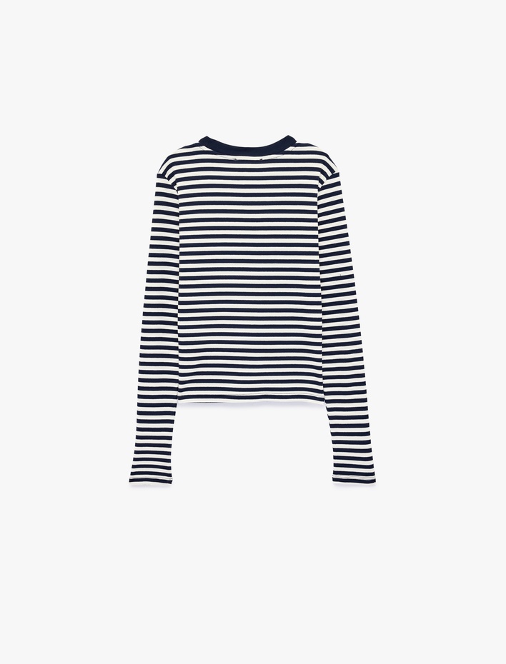  Pamuklu Slim Fit Bisiklet Yaka Uzun Kollu Çizgili Tişört