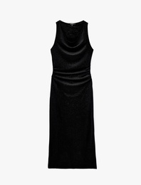 Slim Fit Kolsuz Degaje Yaka Drapeli Bodycon Simli Kadife Elbise