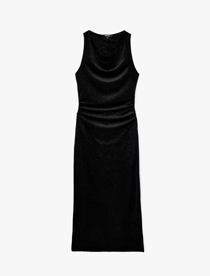  Slim Fit Kolsuz Degaje Yaka Drapeli Bodycon Simli Kadife Elbise