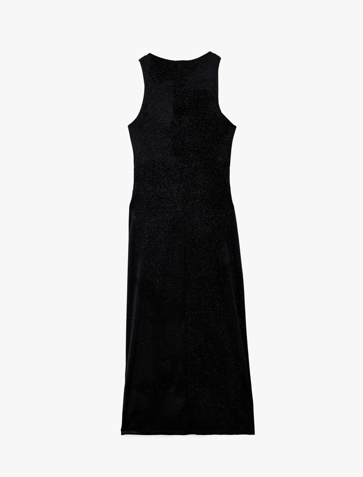  Slim Fit Kolsuz Degaje Yaka Drapeli Bodycon Simli Kadife Elbise