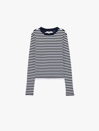 Pamuklu Slim Fit Bisiklet Yaka Uzun Kollu Çizgili Tişört