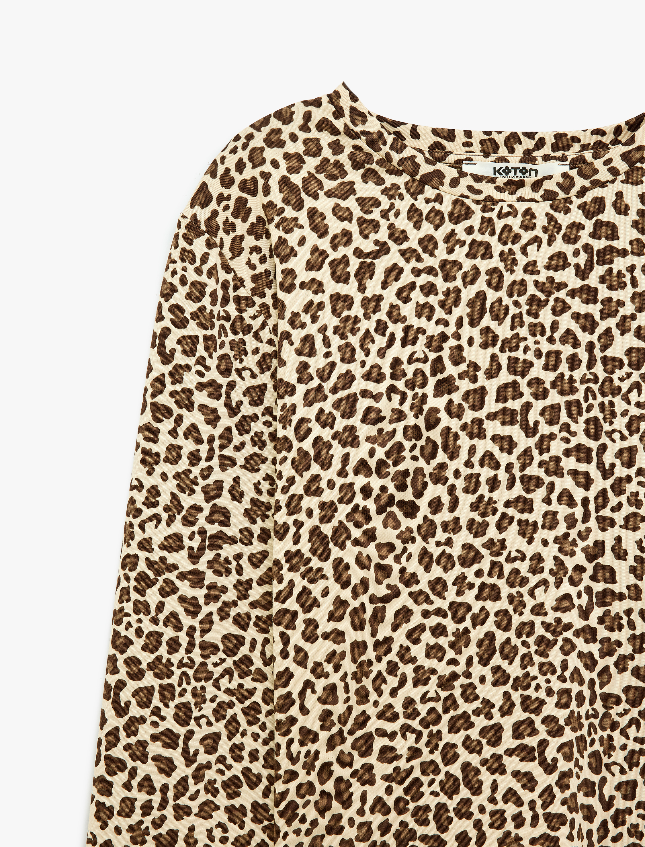   Leopar Desenli Rahat Kalıp Uzun Kollu Bisiklet Yaka Crop Pijama Üstü