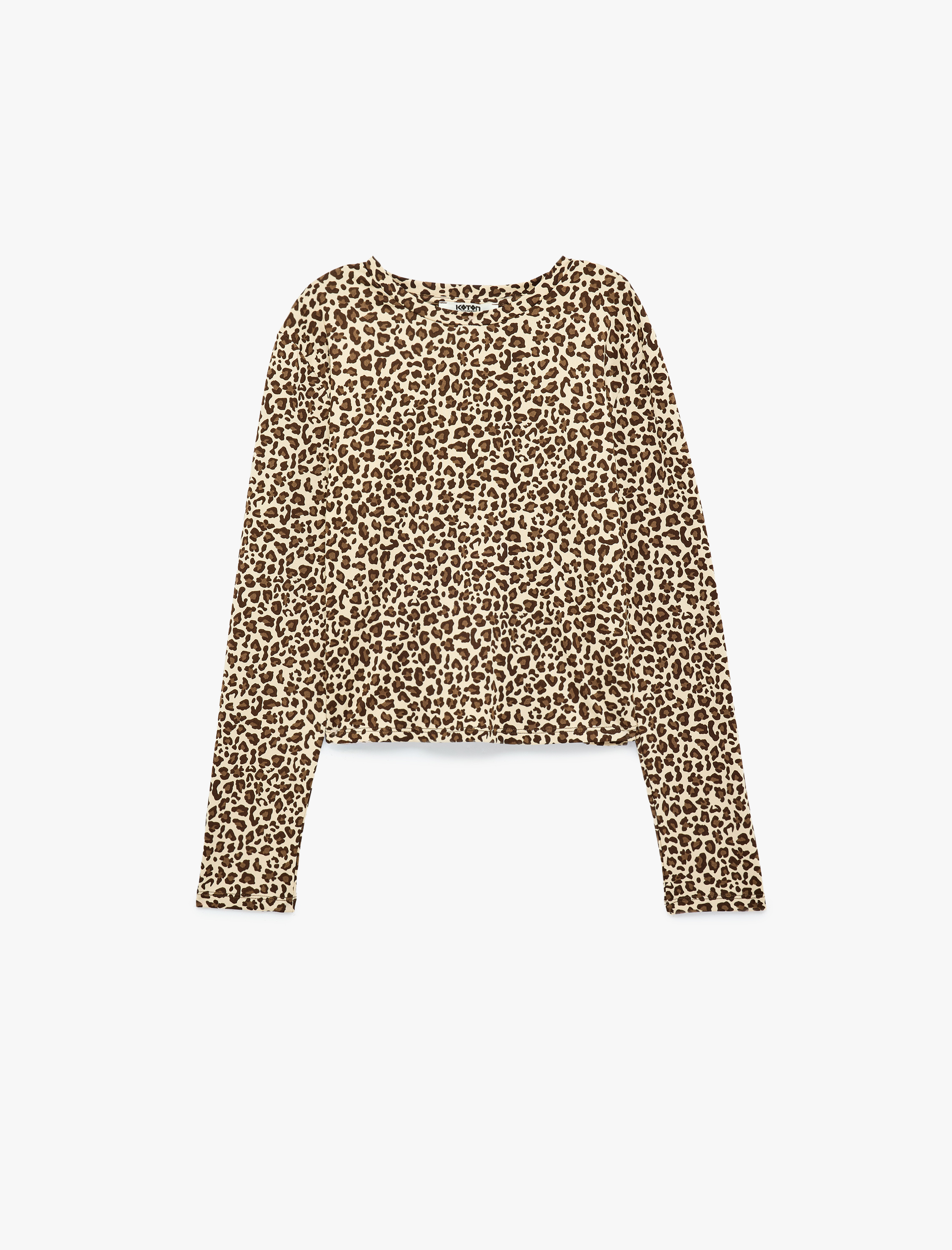   Leopar Desenli Rahat Kalıp Uzun Kollu Bisiklet Yaka Crop Pijama Üstü