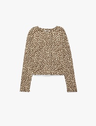 Leopar Desenli Rahat Kalıp Uzun Kollu Bisiklet Yaka Crop Pijama Üstü