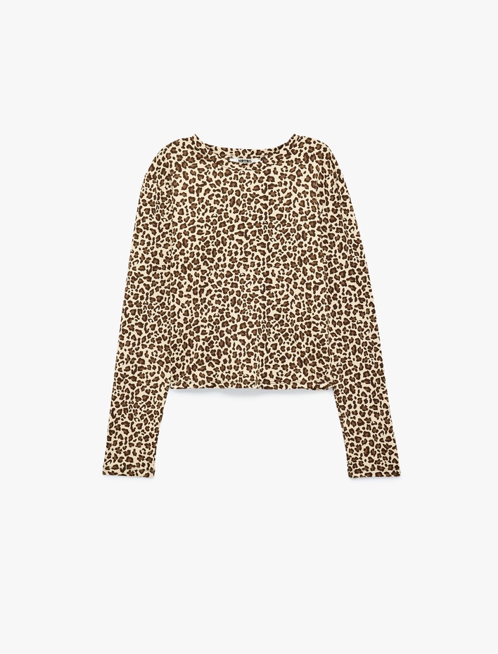  Leopar Desenli Rahat Kalıp Uzun Kollu Bisiklet Yaka Crop Pijama Üstü