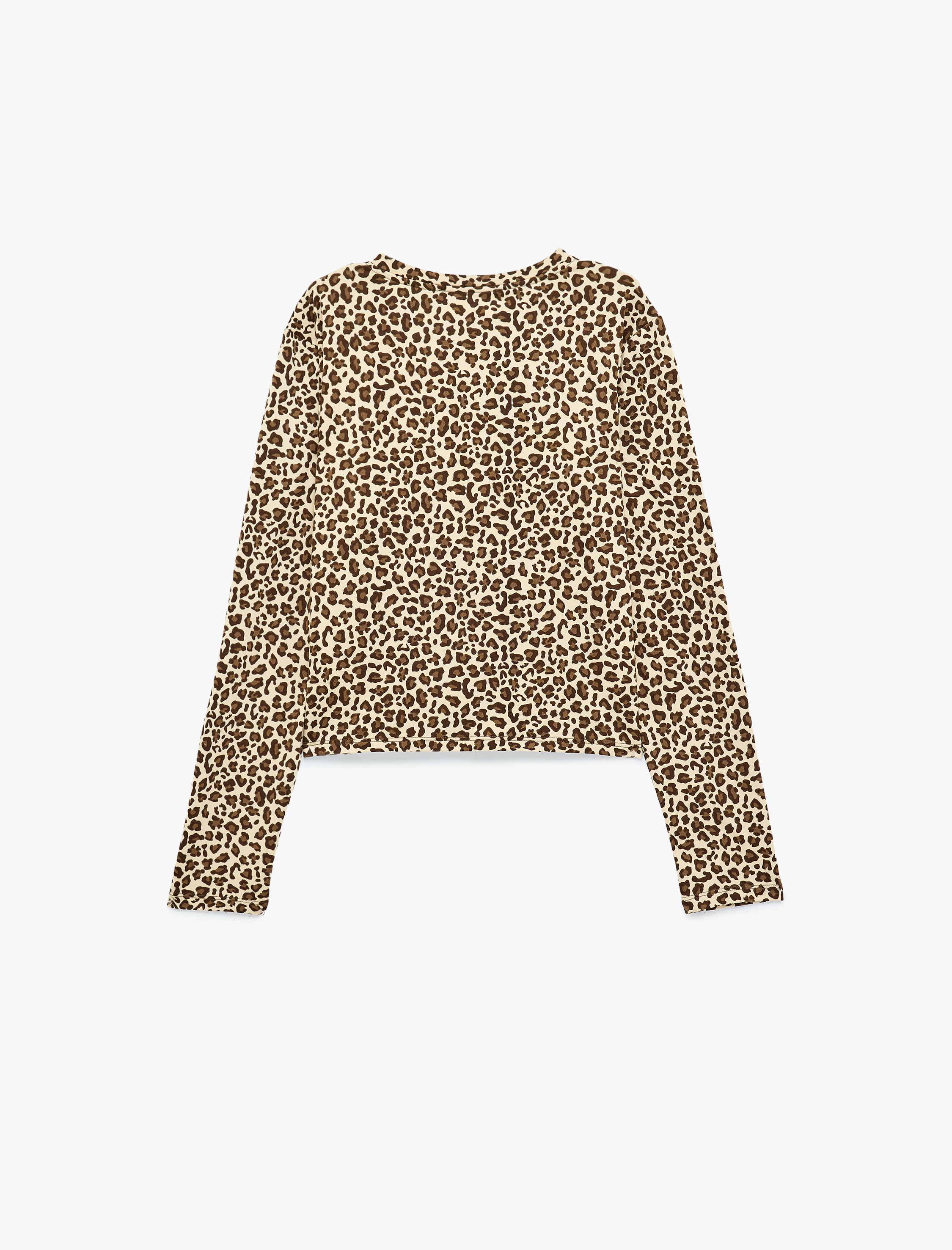   Leopar Desenli Rahat Kalıp Uzun Kollu Bisiklet Yaka Crop Pijama Üstü