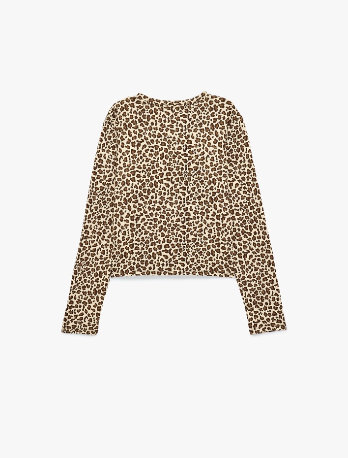  Leopar Desenli Rahat Kalıp Uzun Kollu Bisiklet Yaka Crop Pijama Üstü