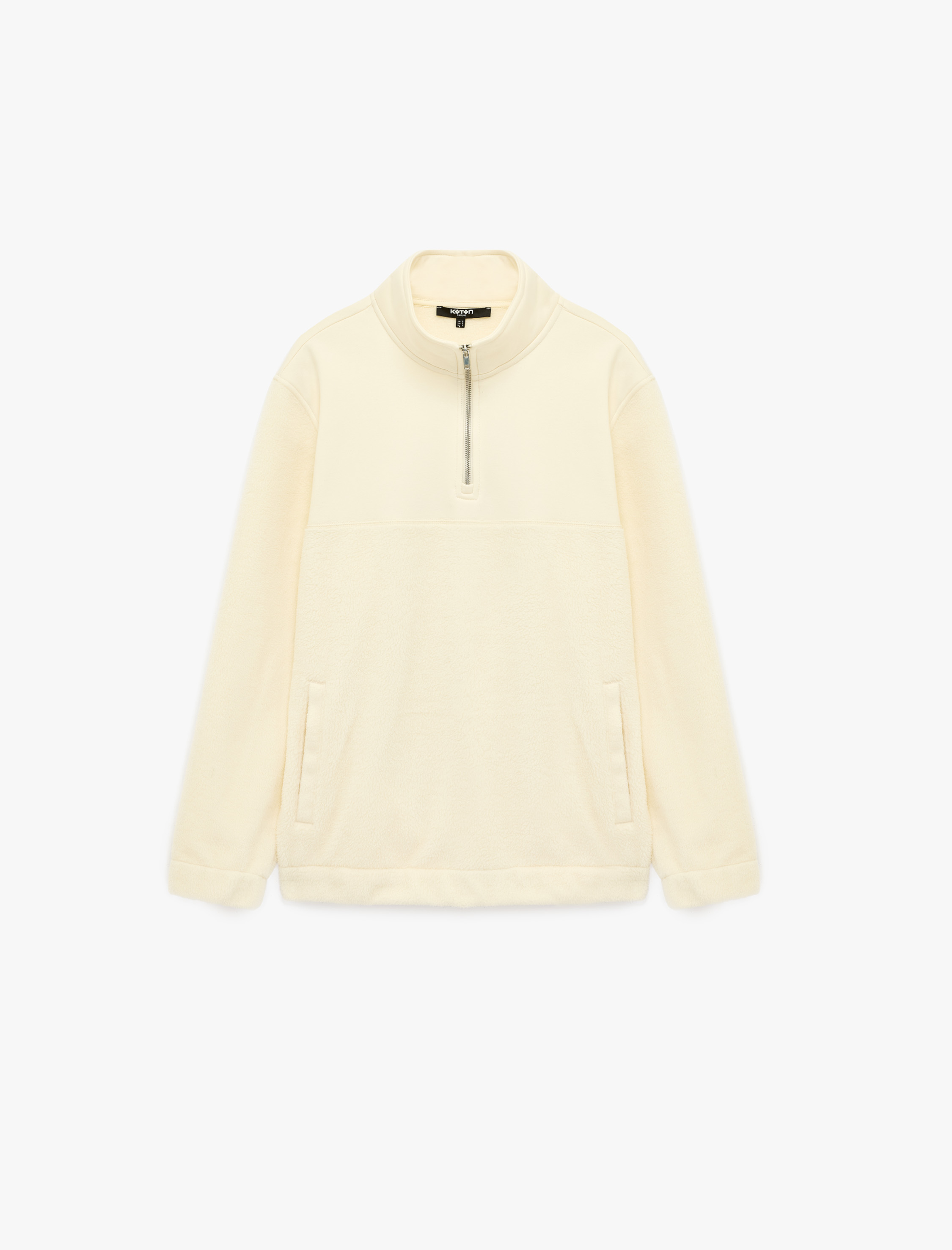   Uzun Kollu Kumaş Detaylı Yarım Fermuarlı Polar Sweatshirt