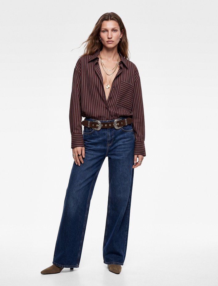 Koton X Selected by Melis Ağazat - Pamuklu Tek Cepli Uzun Kollu Çizgili Oversize Gömlek