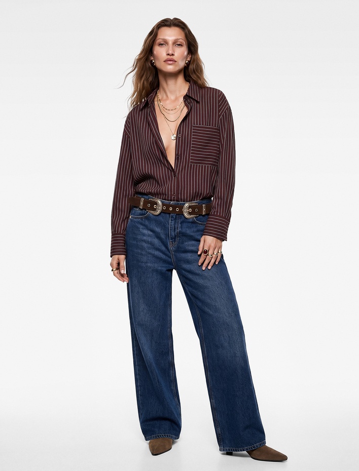  Koton X Selected by Melis Ağazat - Pamuklu Tek Cepli Uzun Kollu Çizgili Oversize Gömlek