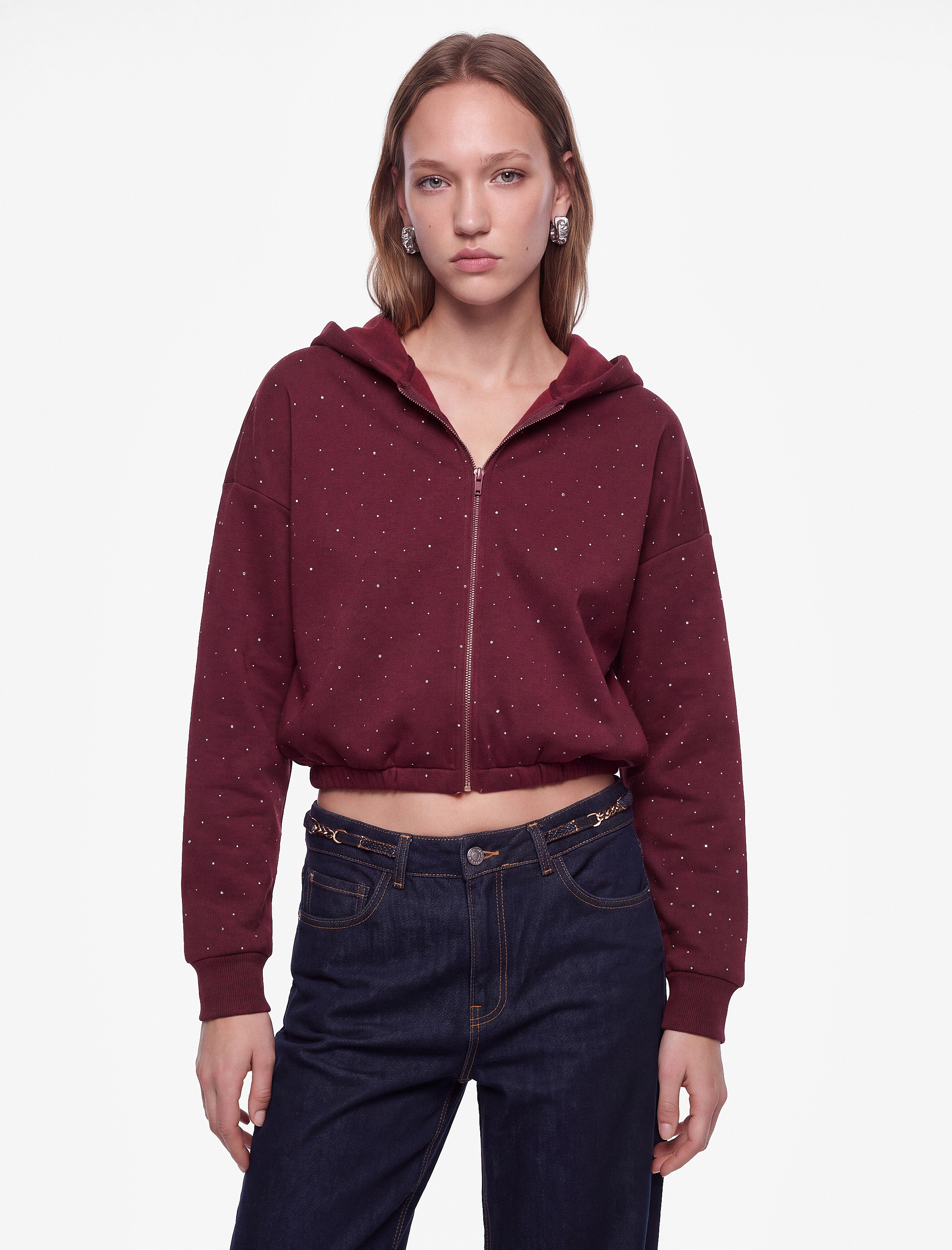   Üç İplik Şardonlu Uzun Kollu Fermuarlı Kapüşonlu Taşlı Sweatshirt