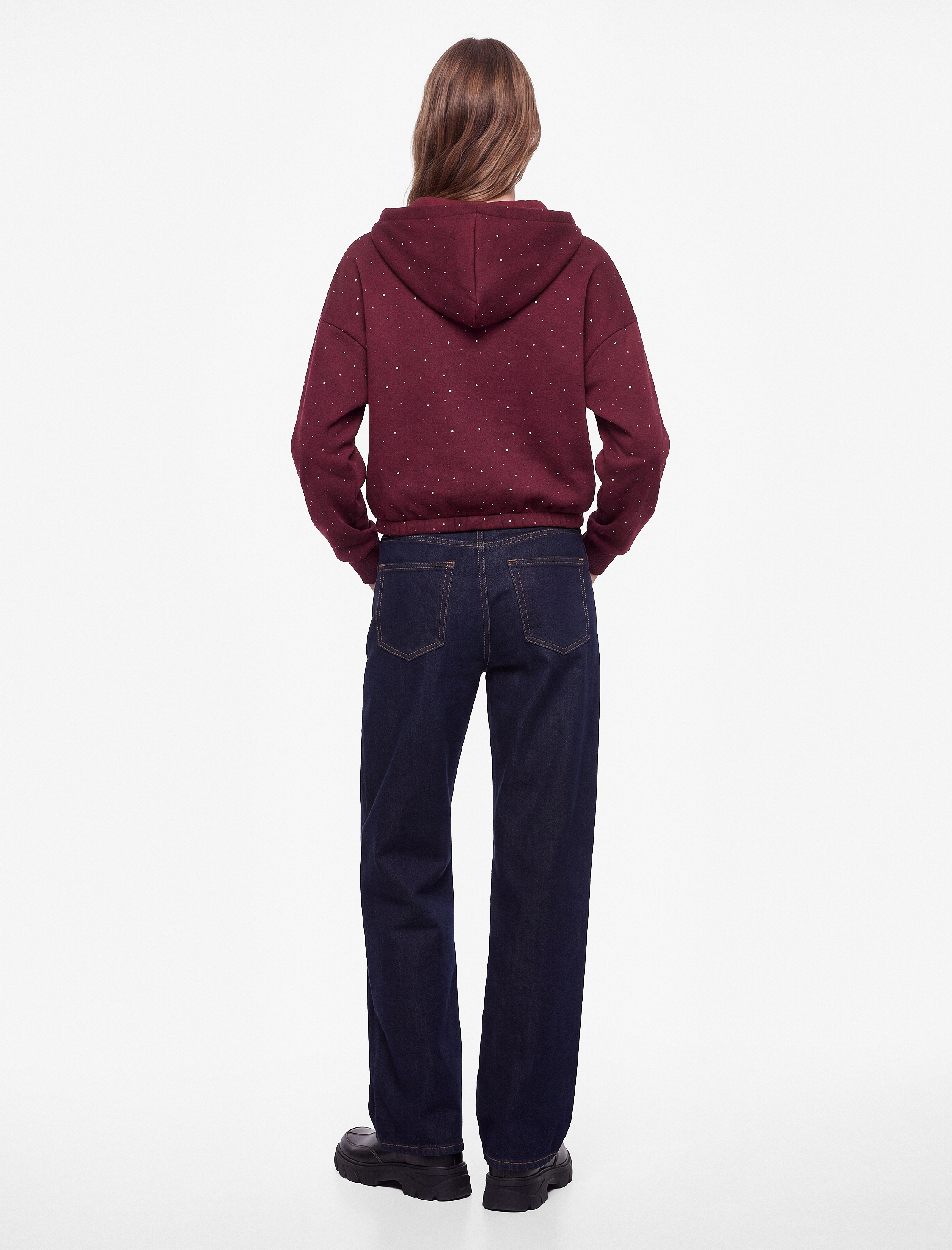   Üç İplik Şardonlu Uzun Kollu Fermuarlı Kapüşonlu Taşlı Sweatshirt