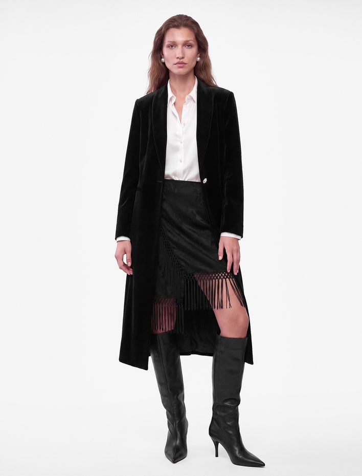  Slim Fit Uzun Kollu Düğmeli Dik Yaka Kadife Uzun Ceket