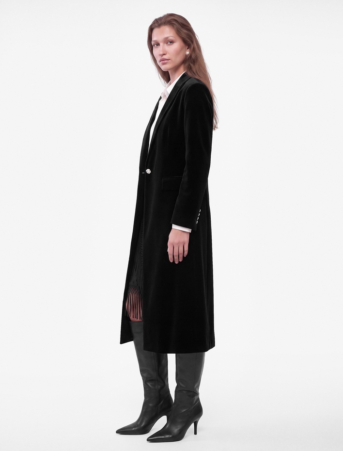  Slim Fit Uzun Kollu Düğmeli Dik Yaka Kadife Uzun Ceket
