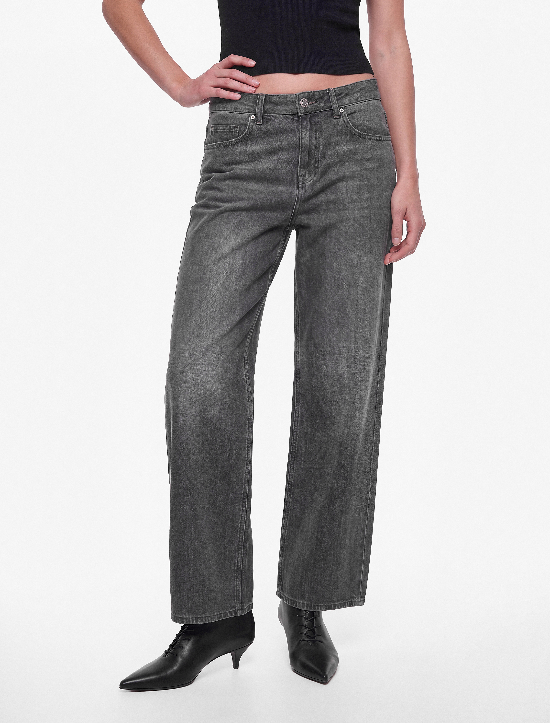   Pamuklu Cepli Düğmeli Düşük Bel Düz Bol Kalıp Denim Pantolon - Loose Straight Fit Jean