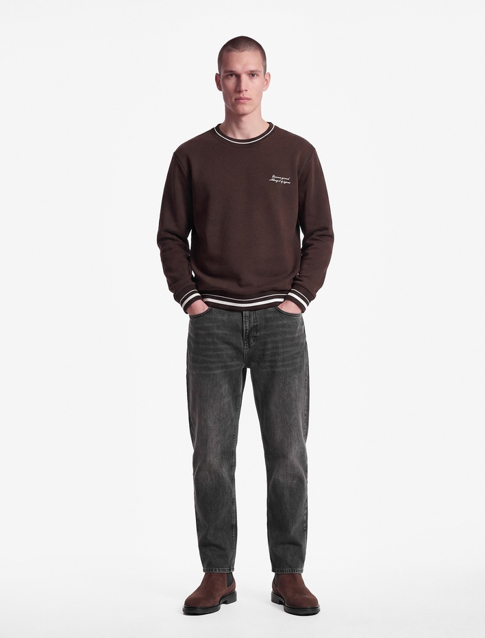  Şardonlu Uzun Kollu Nakışlı Bisiklet Yaka Sweatshirt