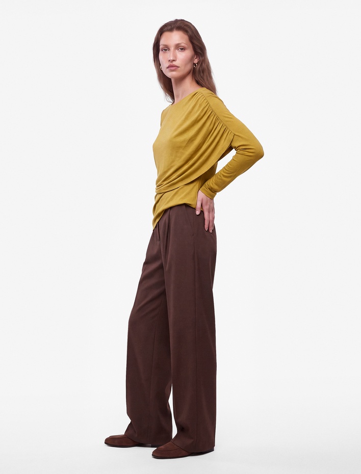  Büzgülü Asimetrik Yün Karışımlı Bluz Uzun Kollu Bisiklet Yaka Slim Fit