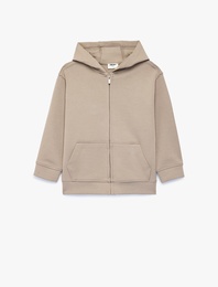 Fermuarlı Uzun Kollu Kanguru Cepli Pamuklu Kapşonlu Oversize Sweatshirt
