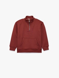 Kanguru Cepli Uzun Kollu Yarım Fermuarlı Dik Yaka Sweatshirt