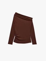 Modal Kumaş Asimetrik Kayık Yaka Uzun Kollu Omzu Açık Tişört Slim Fit Drapeli