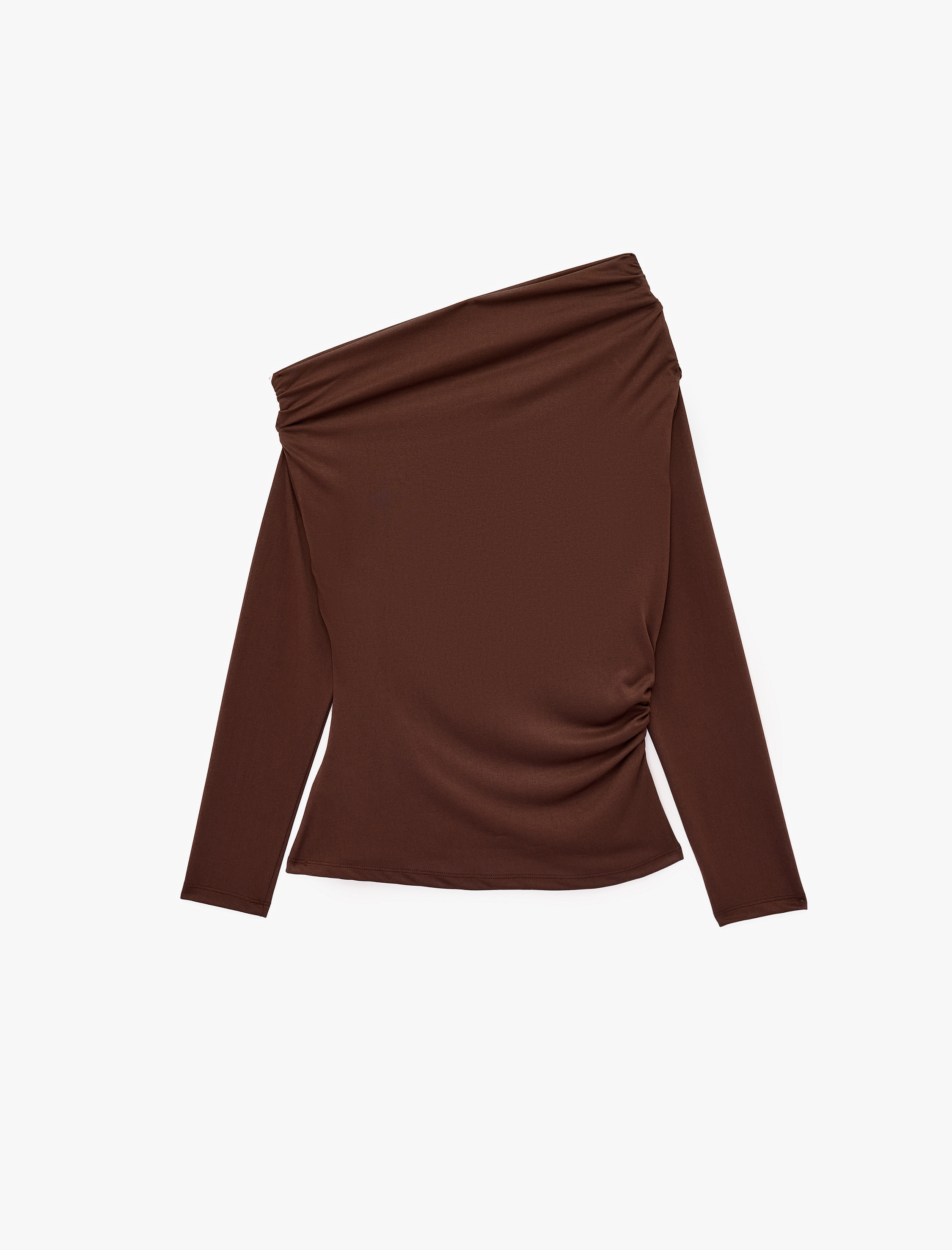   Modal Kumaş Asimetrik Kayık Yaka Uzun Kollu Omzu Açık Tişört Slim Fit Drapeli