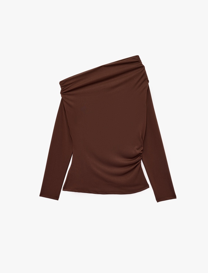  Modal Kumaş Asimetrik Kayık Yaka Uzun Kollu Omzu Açık Tişört Slim Fit Drapeli