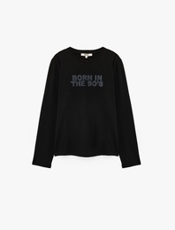 Koton X Sibil Çetinkaya - Bisiklet Yaka Uzun Kollu Parıltılı Taşlı Tişört Slim Fit Pamuklu