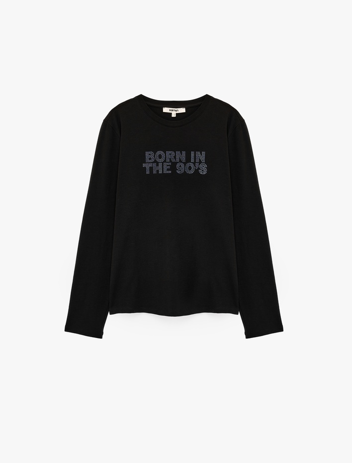  Koton X Sibil Çetinkaya - Bisiklet Yaka Uzun Kollu Parıltılı Taşlı Tişört Slim Fit Pamuklu
