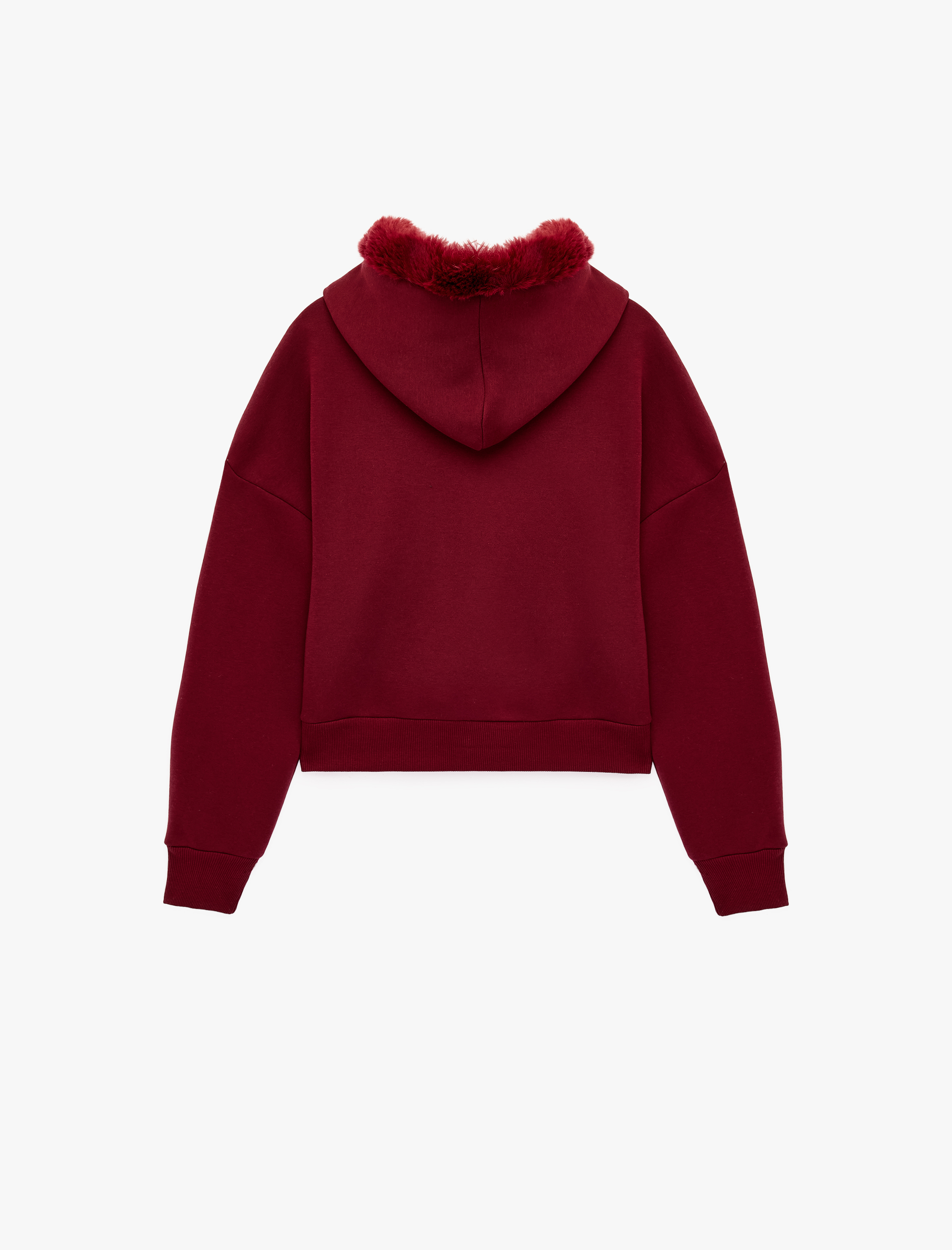   Şardonlu Cepli Rahat Kalıp Uzun Kollu Fermuarlı Suni Kürk Kapüşonlu Sweatshirt