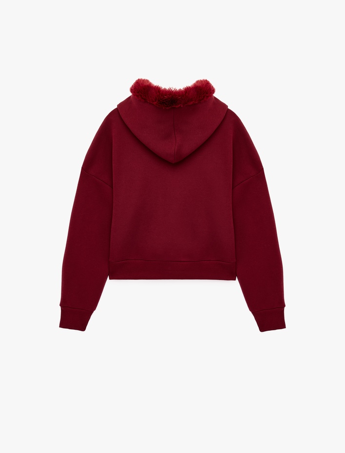  Şardonlu Cepli Rahat Kalıp Uzun Kollu Fermuarlı Suni Kürk Kapüşonlu Sweatshirt