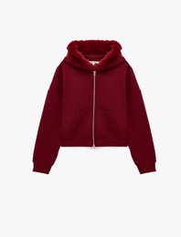 Şardonlu Cepli Rahat Kalıp Uzun Kollu Fermuarlı Suni Kürk Kapüşonlu Sweatshirt