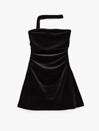 Slim Fit Fularlı Straplez Bodycon Kadife Mini Elbise