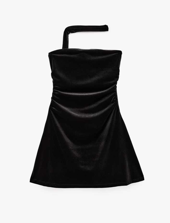  Slim Fit Fularlı Straplez Bodycon Kadife Mini Elbise