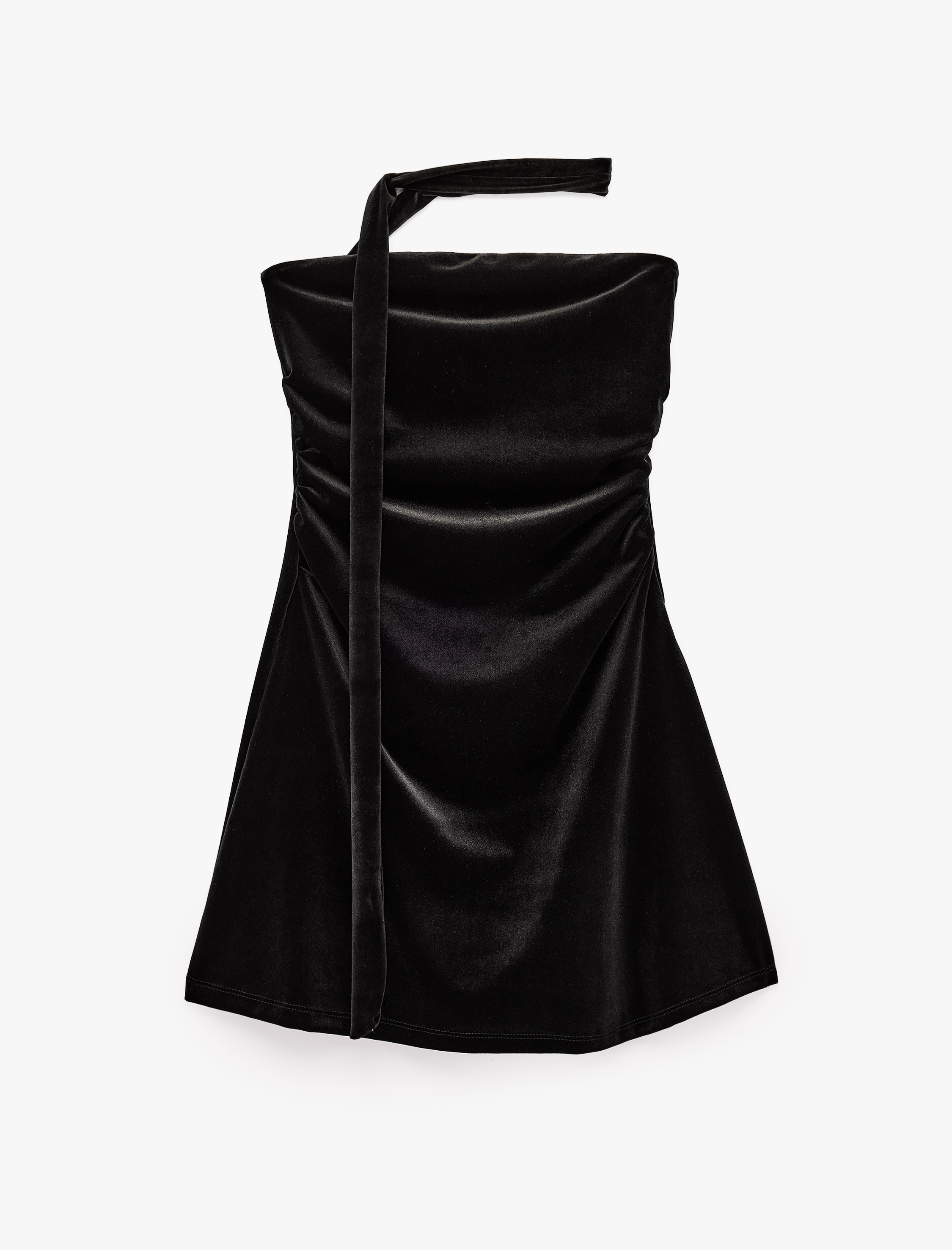  Slim Fit Fularlı Straplez Bodycon Kadife Mini Elbise