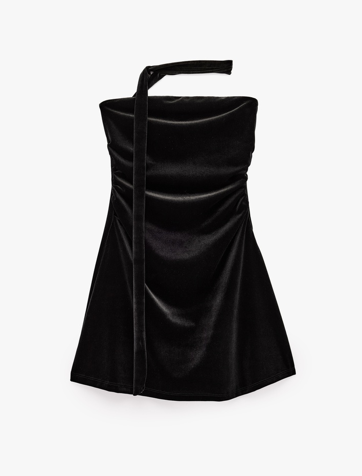 Slim Fit Fularlı Straplez Bodycon Kadife Mini Elbise