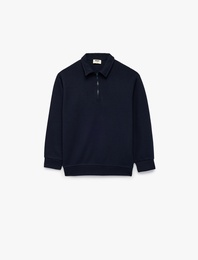 Yarım Fermuarlı Pamuklu Uzun Kollu Polo Yaka Sweatshirt