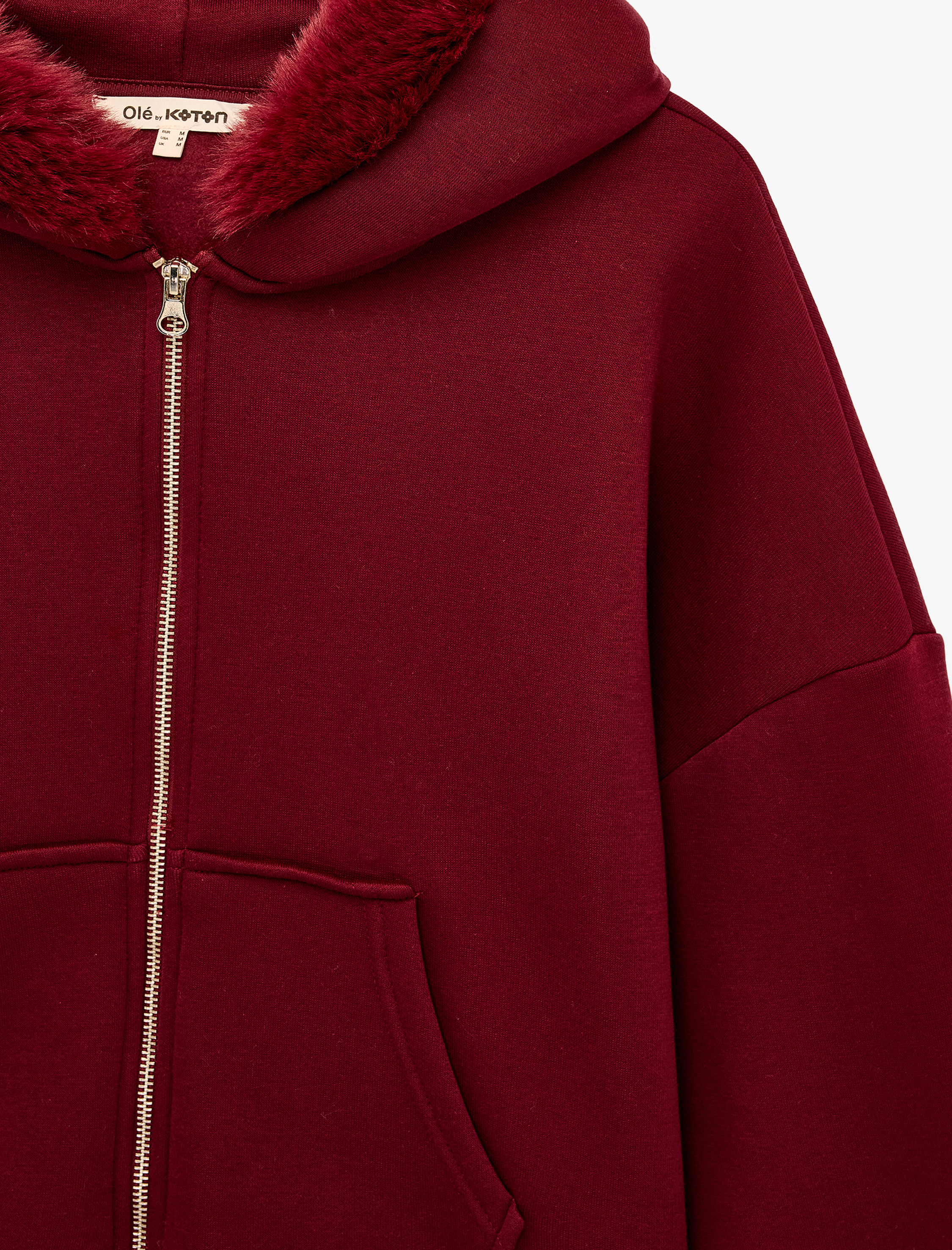   Şardonlu Cepli Rahat Kalıp Uzun Kollu Fermuarlı Suni Kürk Kapüşonlu Sweatshirt
