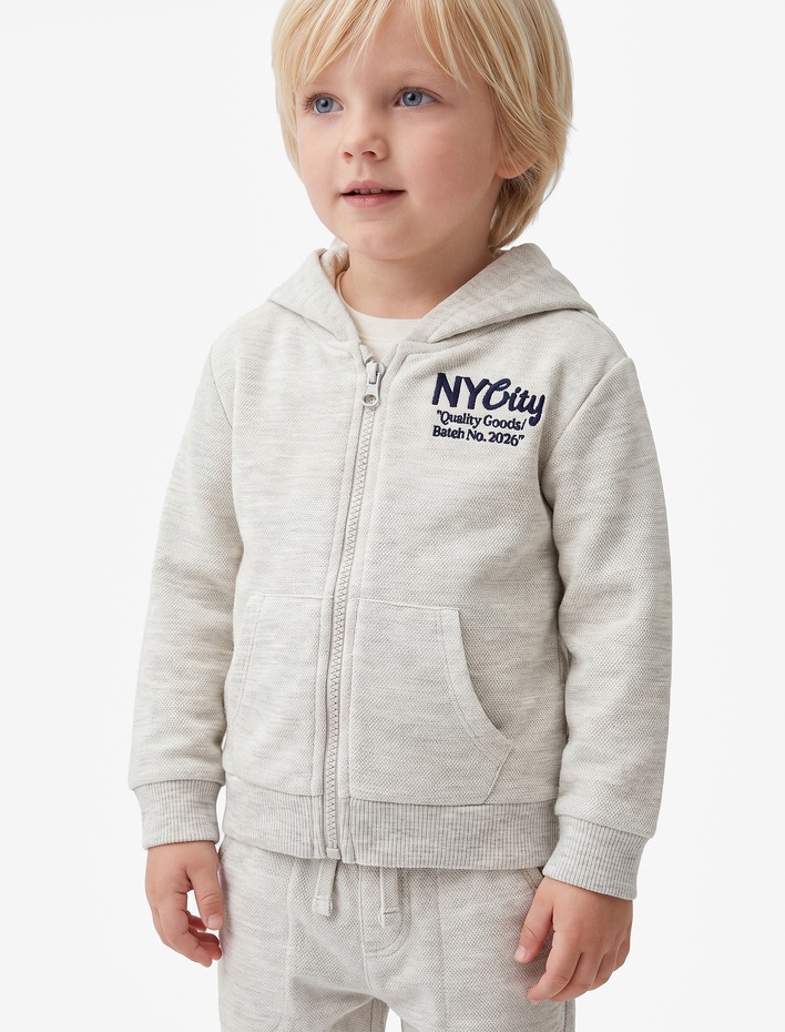 Erkek Bebek Nakışlı Uzun Kollu Kapşonlu Fermuarlı Oversize Sweatshirt