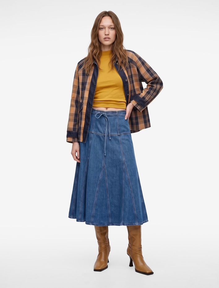  Beli Bağcıklı Kloş Kesim Rahat Kalıp Volanlı Uzun Denim Etek