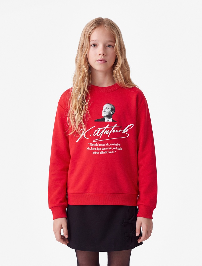 Kız Çocuk Atatürk Baskılı Uzun Kollu Bisiklet Yaka Pamuklu Sweatshirt
