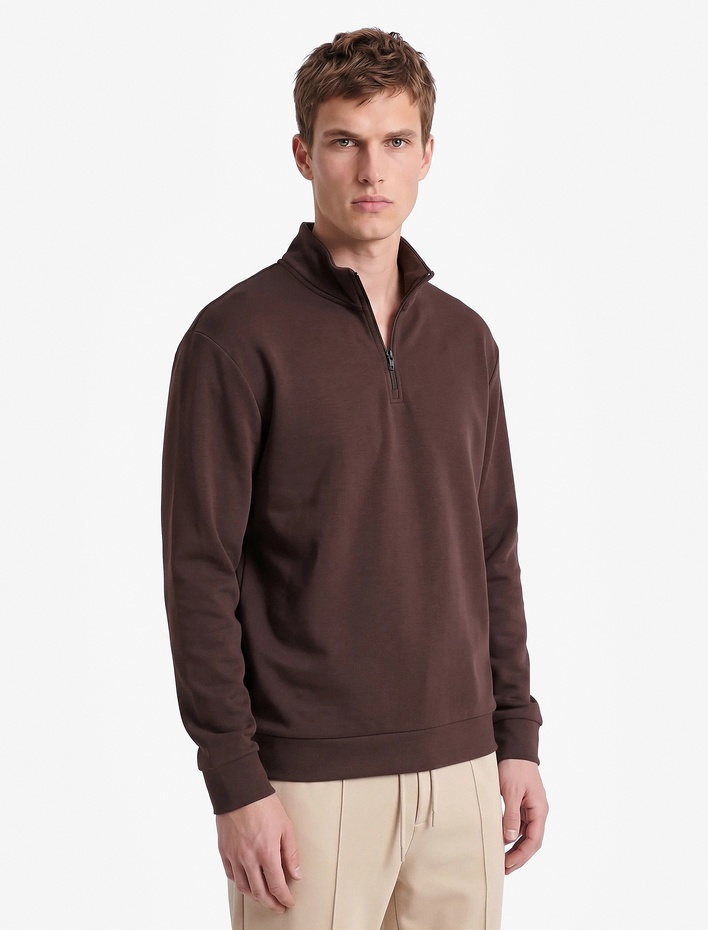  Oversize Pamuklu Uzun Kollu Dik Yaka Yarım Fermuarlı Spor Sweatshirt