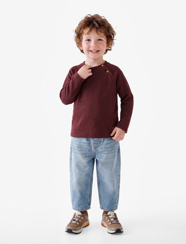 Erkek Bebek Pamuklu Bisiklet Yaka Uzun Kollu Düğmeli Sweatshirt