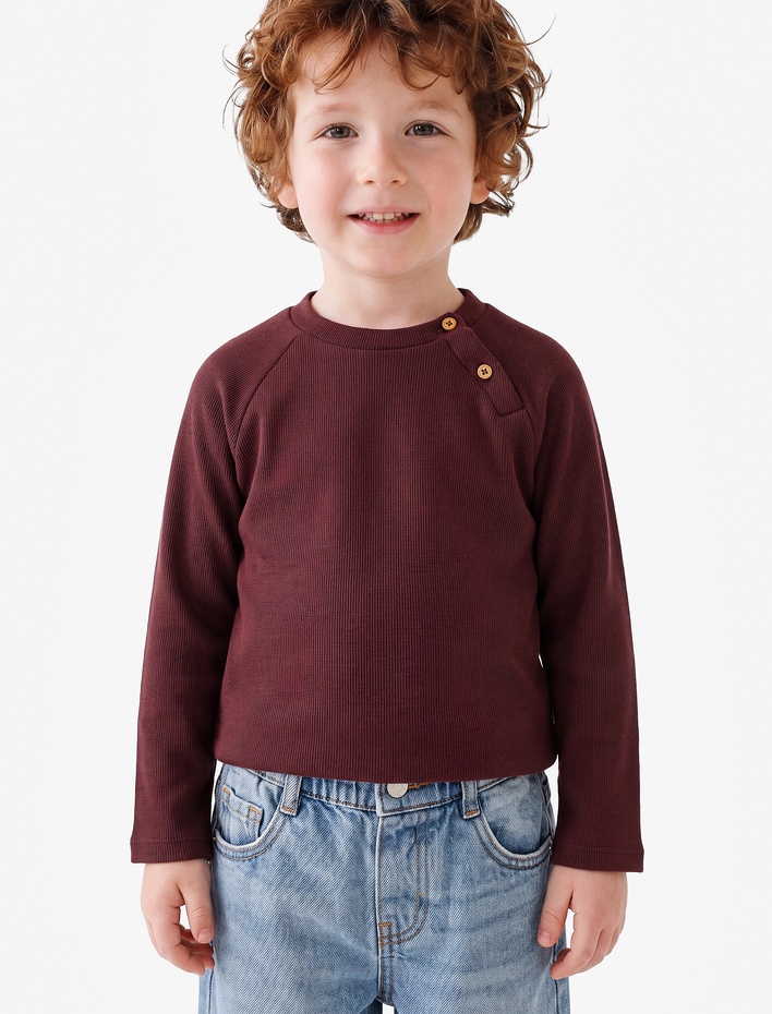 Erkek Bebek Pamuklu Bisiklet Yaka Uzun Kollu Düğmeli Sweatshirt